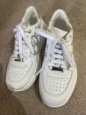 Valentino White Leather Sneakers with Multicolor Logo Detail and Gold Accents